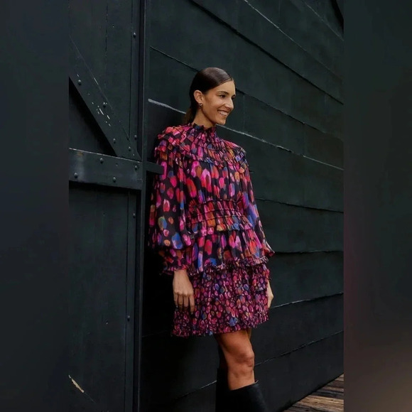 Farm Rio Anthropologie Iridescent Leopards Black Ruffled Dress - Size Small - Picture 2 of 16